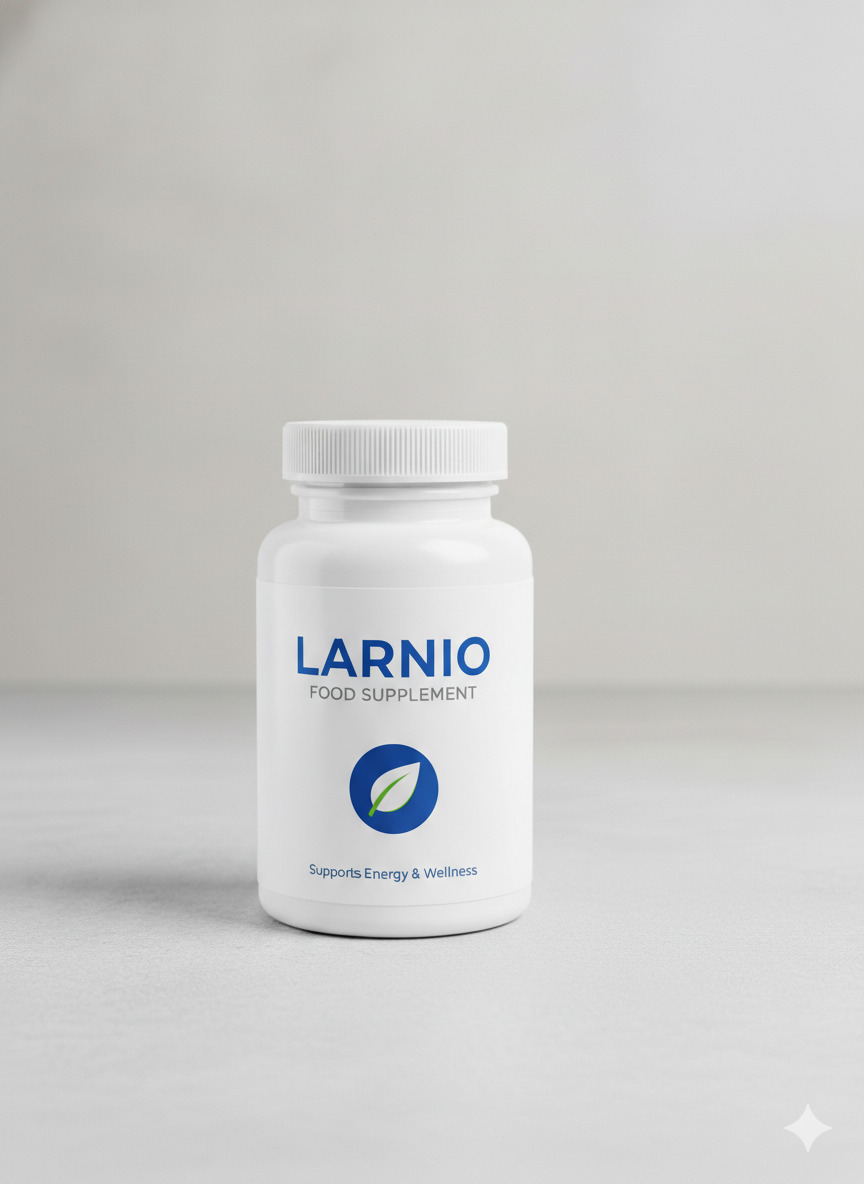 Larnio food supplement bottle and capsules on a neutral surface